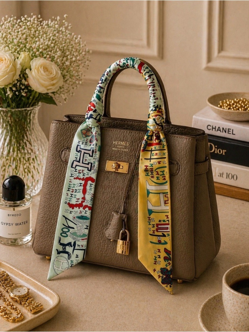GREEN YELLOW ABSTRACT STORY PRINT SKINNY SCARF BAG HANDLE HAIR RIBBON NECK TIE